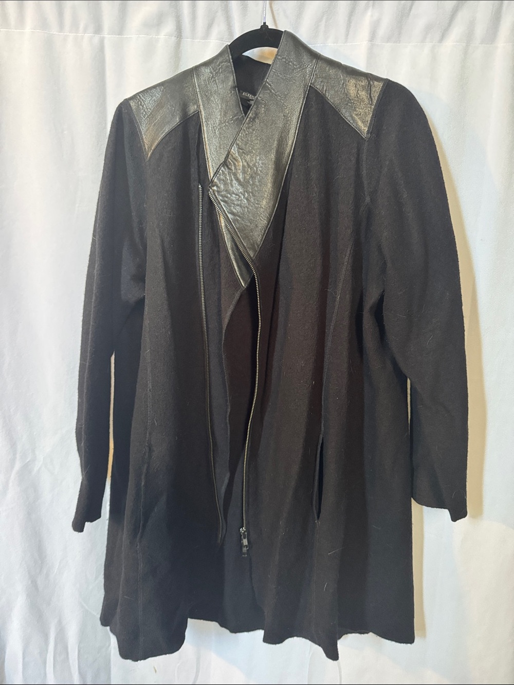 Eileen Fisher Black Trench Coat with Leather Trim